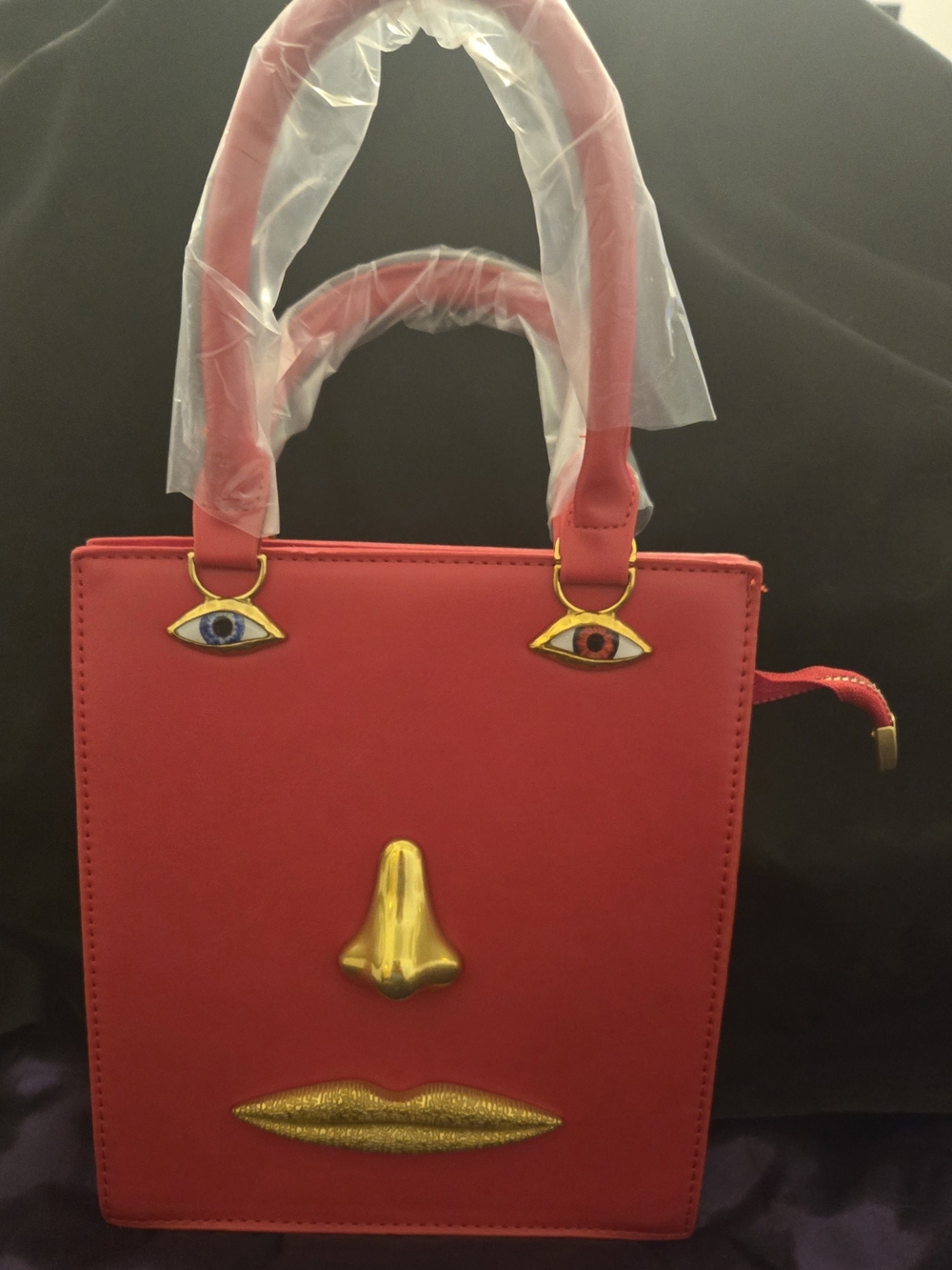 Schiaparelli Inspired Red Novelty Crossbody Bag with Gold Facial Accents